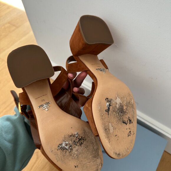Prada Fringe Slingback Sandals Brown Suede Leather Chunky Block Heels Size 39 - Picture 10 of 13
